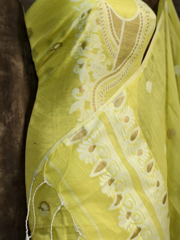 Kalka Lemon Yellow Muga Cotton Unstitched Jamdani Suit Set