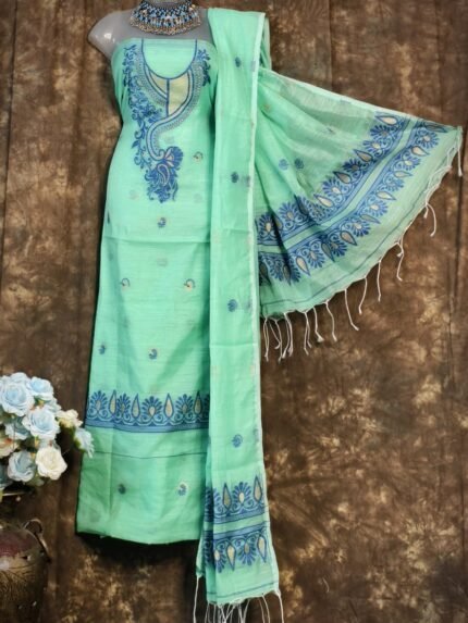 Kalka Light Teal Muga Cotton Unstitched Jamdani Suit Set