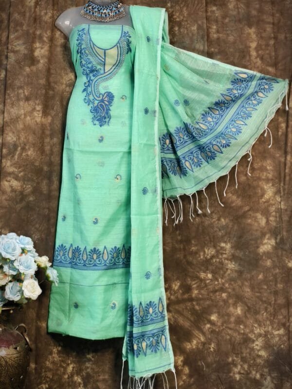 Kalka Light Teal Muga Cotton Unstitched Jamdani Suit Set