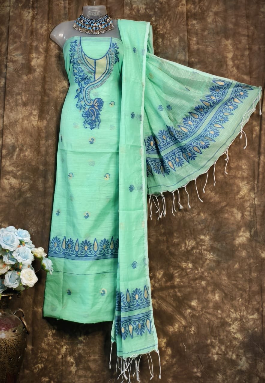 Kalka Light Teal Muga Cotton Unstitched Jamdani Suit Set