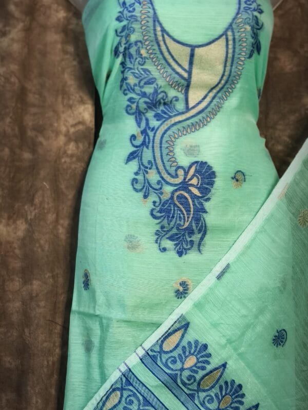 Kalka Light Teal Muga Cotton Unstitched Jamdani Suit Set