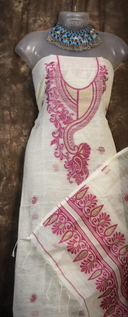 Kalka Light Vanilla Muga Cotton Unstitched Jamdani Suit Set