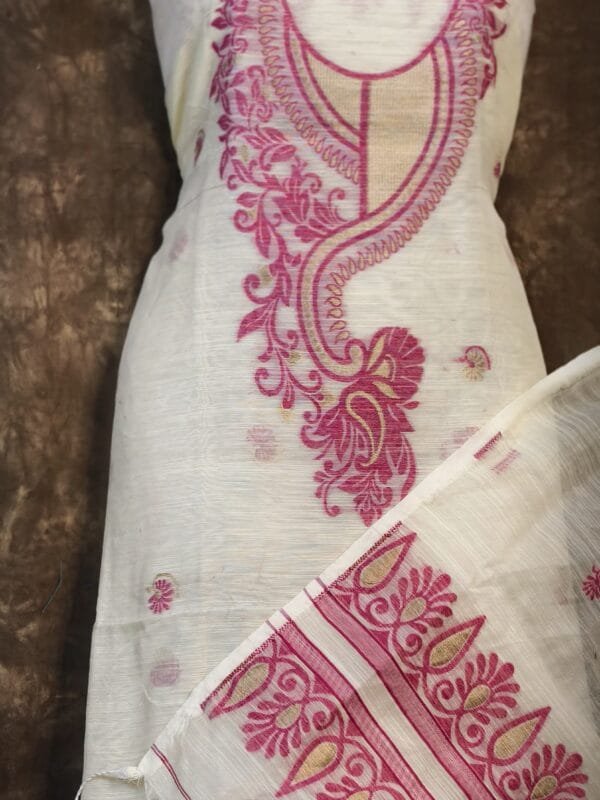 Kalka Light Vanilla Muga Cotton Unstitched Jamdani Suit Set