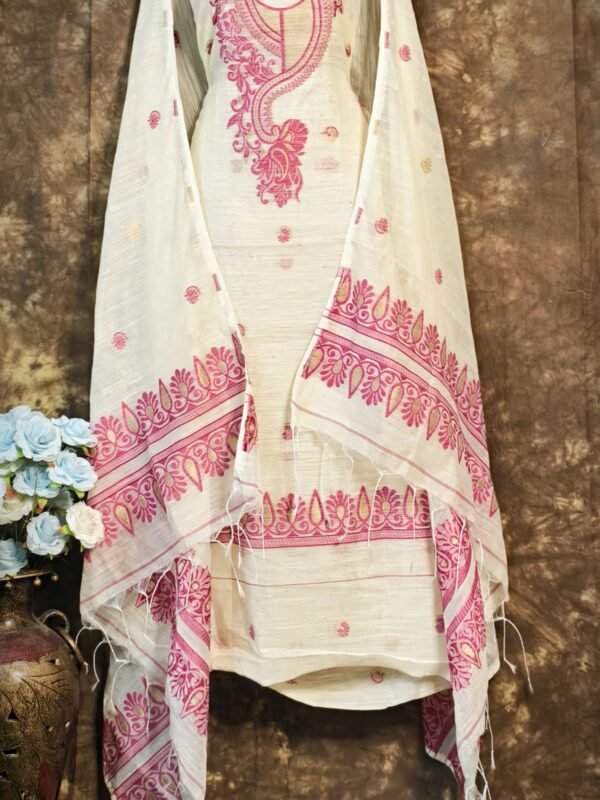 Kalka Light Vanilla Muga Cotton Unstitched Jamdani Suit Set