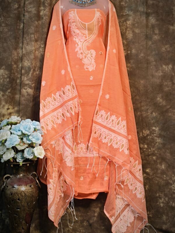 Kalka Orange Salmon Muga Cotton Unstitched Jamdani Suit Set