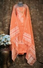 Kalka Orange Salmon Muga Cotton Unstitched Jamdani Suit Set