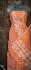 Kalka Orange Salmon Muga Cotton Unstitched Jamdani Suit Set