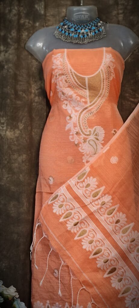 Kalka Orange Salmon Muga Cotton Unstitched Jamdani Suit Set