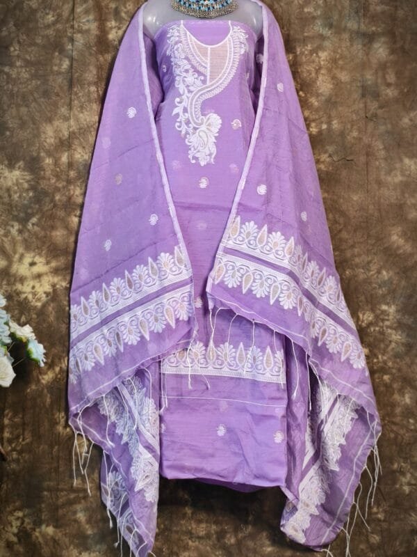 Kalka Pale Purple Muga Cotton Unstitched Jamdani Suit Set