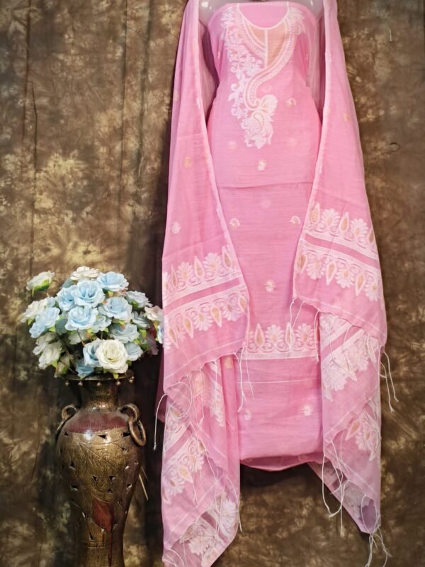 Kalka Pink Daisy Muga Cotton Unstitched Jamdani Suit Set