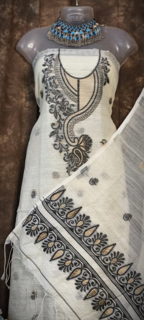 Kalka Vanilla Muga Cotton Unstitched Jamdani Suit Set