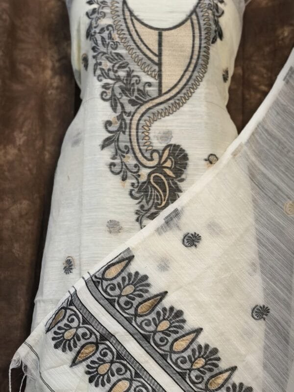 Kalka Vanilla Muga Cotton Unstitched Jamdani Suit Set