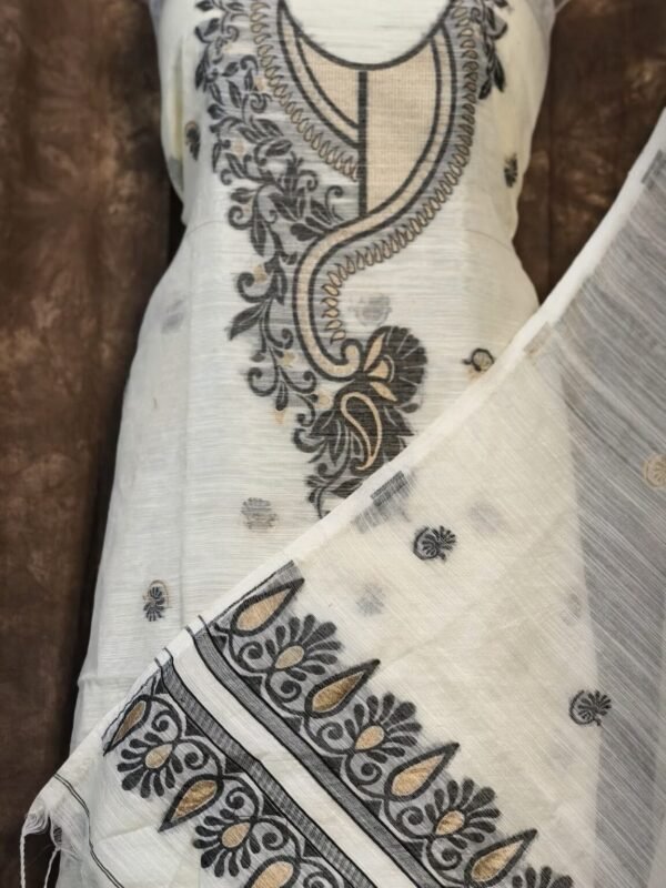 Kalka Vanilla Muga Cotton Unstitched Jamdani Suit Set