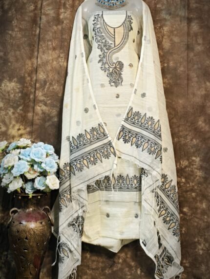 Kalka Vanilla Muga Cotton Unstitched Jamdani Suit Set