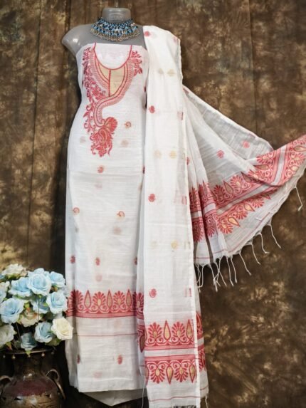 Kalka White Muga Cotton Unstitched Jamdani Suit Set