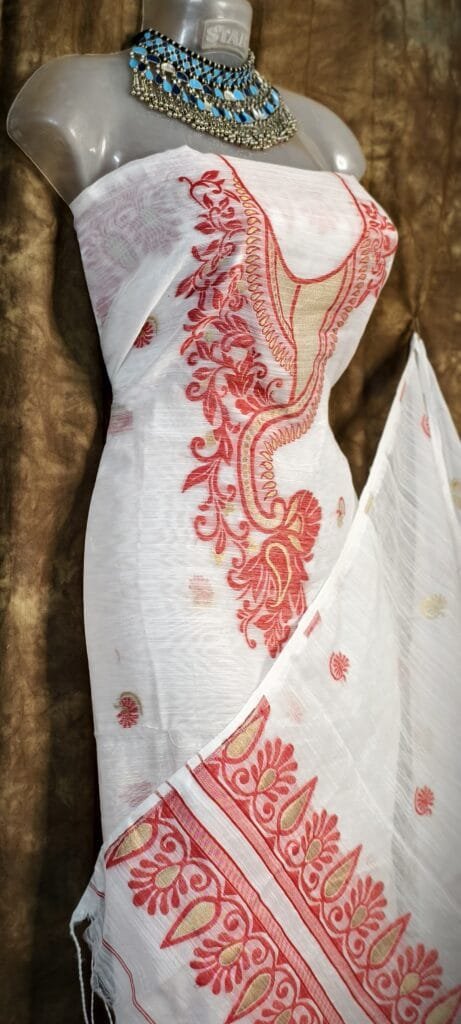 Kalka White Muga Cotton Unstitched Jamdani Suit Set