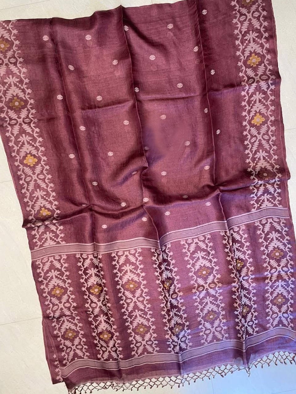 Light Maroon Pure Gachi Tussar Handloom Jamdani Saree