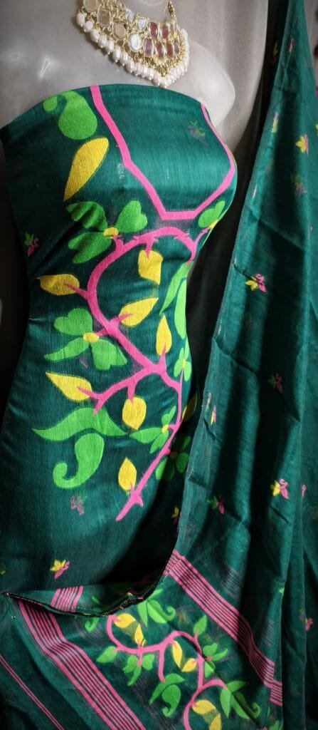 Lota Pata Aqua Deep Muga Cotton Unstitched Jamdani Suit Set