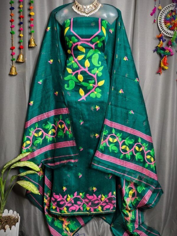 Lota Pata Aqua Deep Muga Cotton Unstitched Jamdani Suit Set