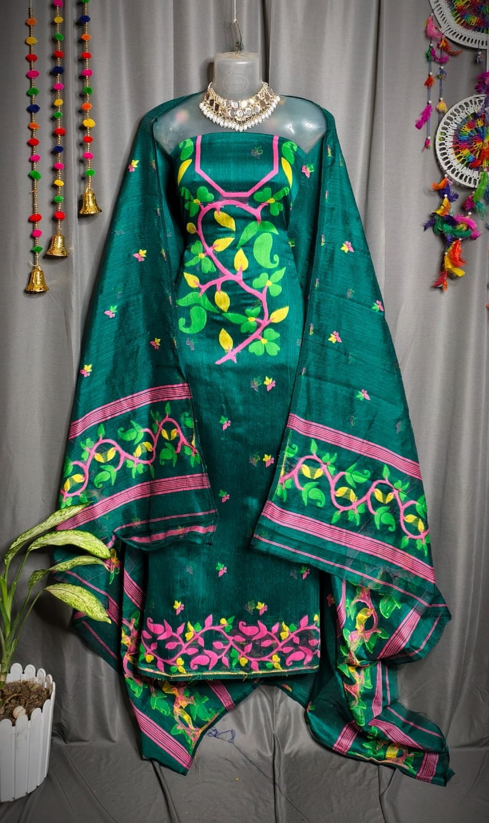 Lota Pata Aqua Deep Muga Cotton Unstitched Jamdani Suit Set Lota Pata Aqua Deep Muga Cotton Unstitched Jamdani Suit Set