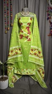 Lota Pata Avocado Green Muga Cotton Unstitched Jamdani Suit Set