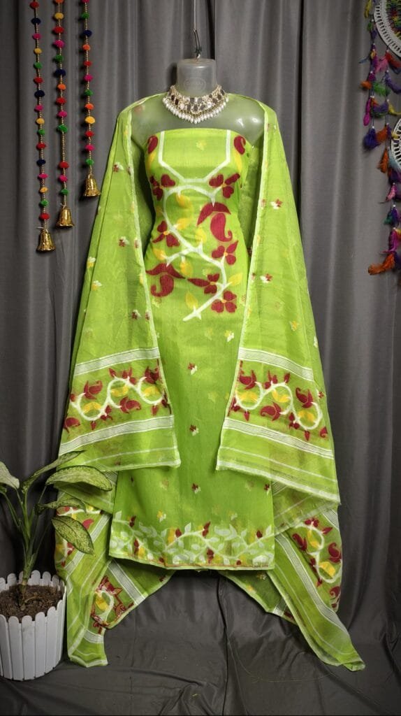 Lota Pata Avocado Green Muga Cotton Unstitched Jamdani Suit Set