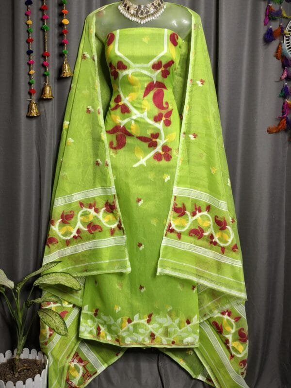 Lota Pata Avocado Green Muga Cotton Unstitched Jamdani Suit Set