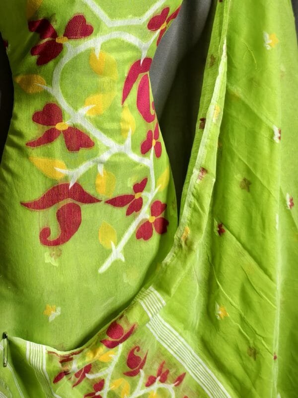 Lota Pata Avocado Green Muga Cotton Unstitched Jamdani Suit Set