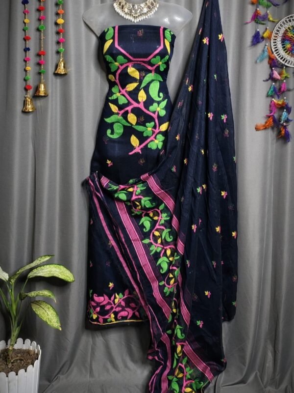 Lota Pata Black Muga Cotton Unstitched Jamdani Suit Set