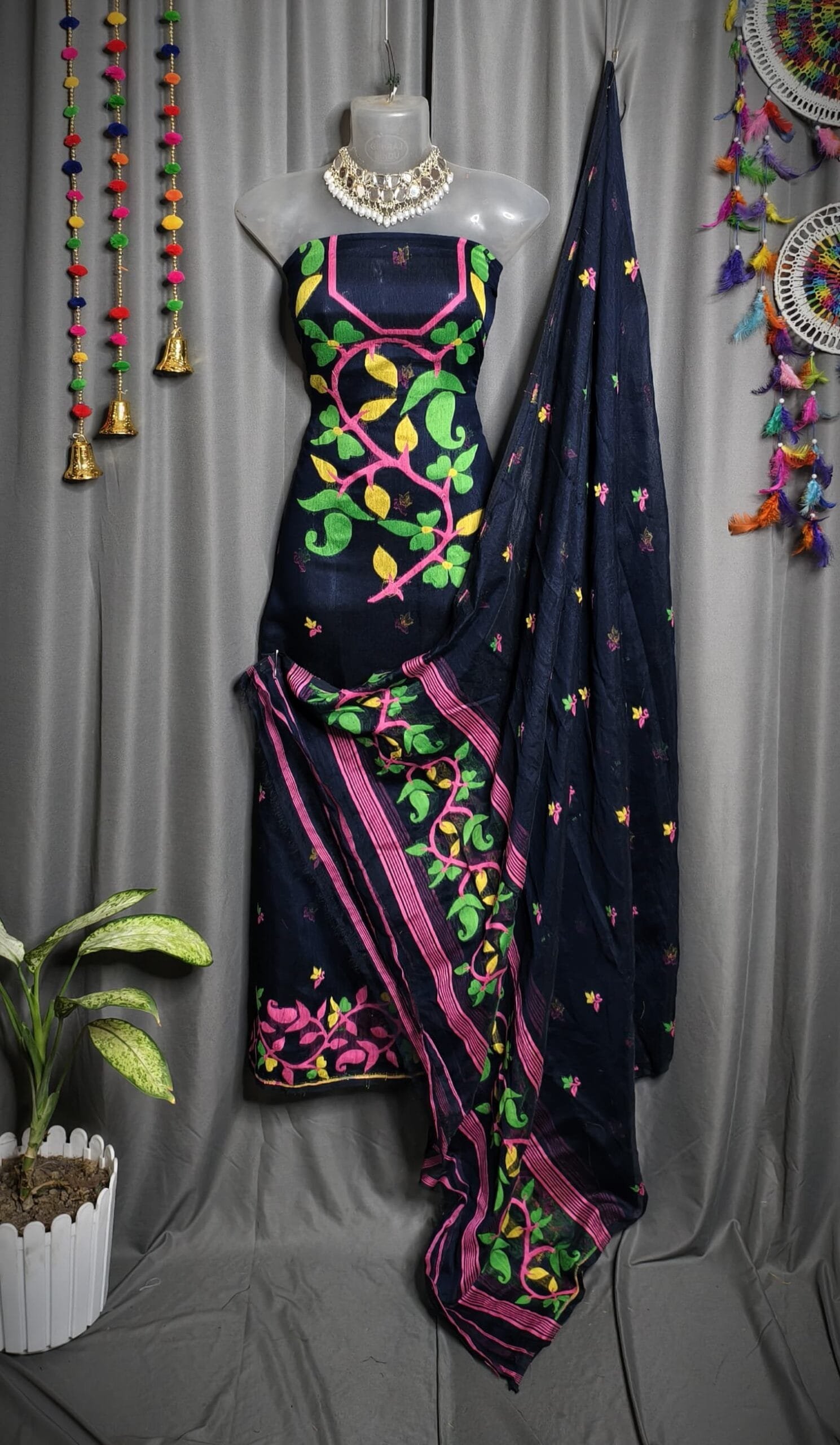 Lota Pata Black Muga Cotton Unstitched Jamdani Suit Set Lota Pata Black Muga Cotton Unstitched Jamdani Suit Set