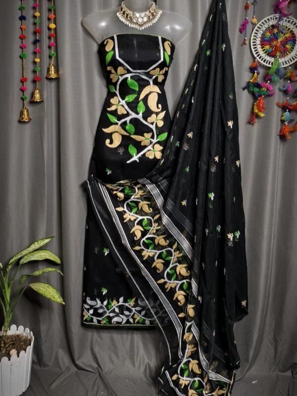 Lota Pata Black Muga Cotton Unstitched Jamdani Suit Set