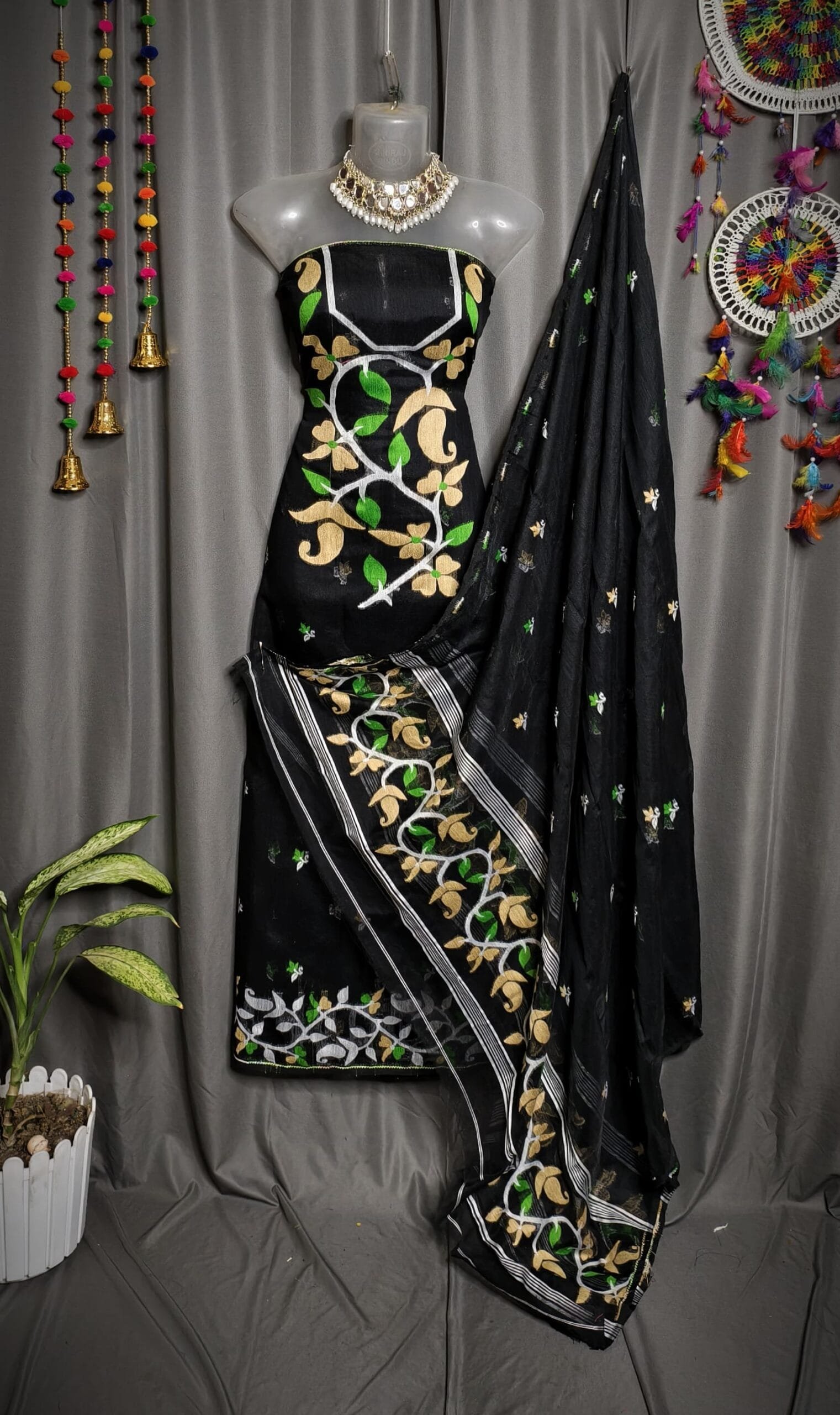 Lota Pata Black Muga Cotton Unstitched Jamdani Suit Set Lota Pata Black Muga Cotton Unstitched Jamdani Suit Set
