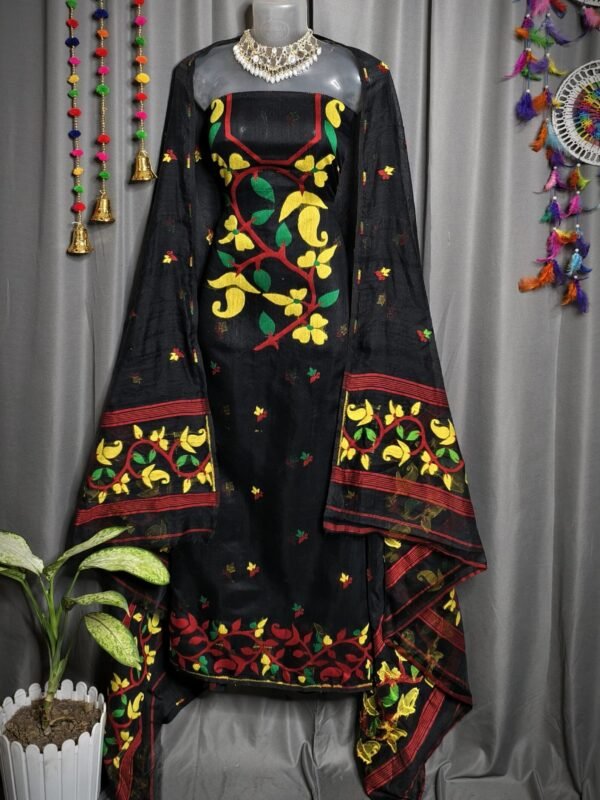 Lota Pata Black Muga Cotton Unstitched Jamdani Suit Set