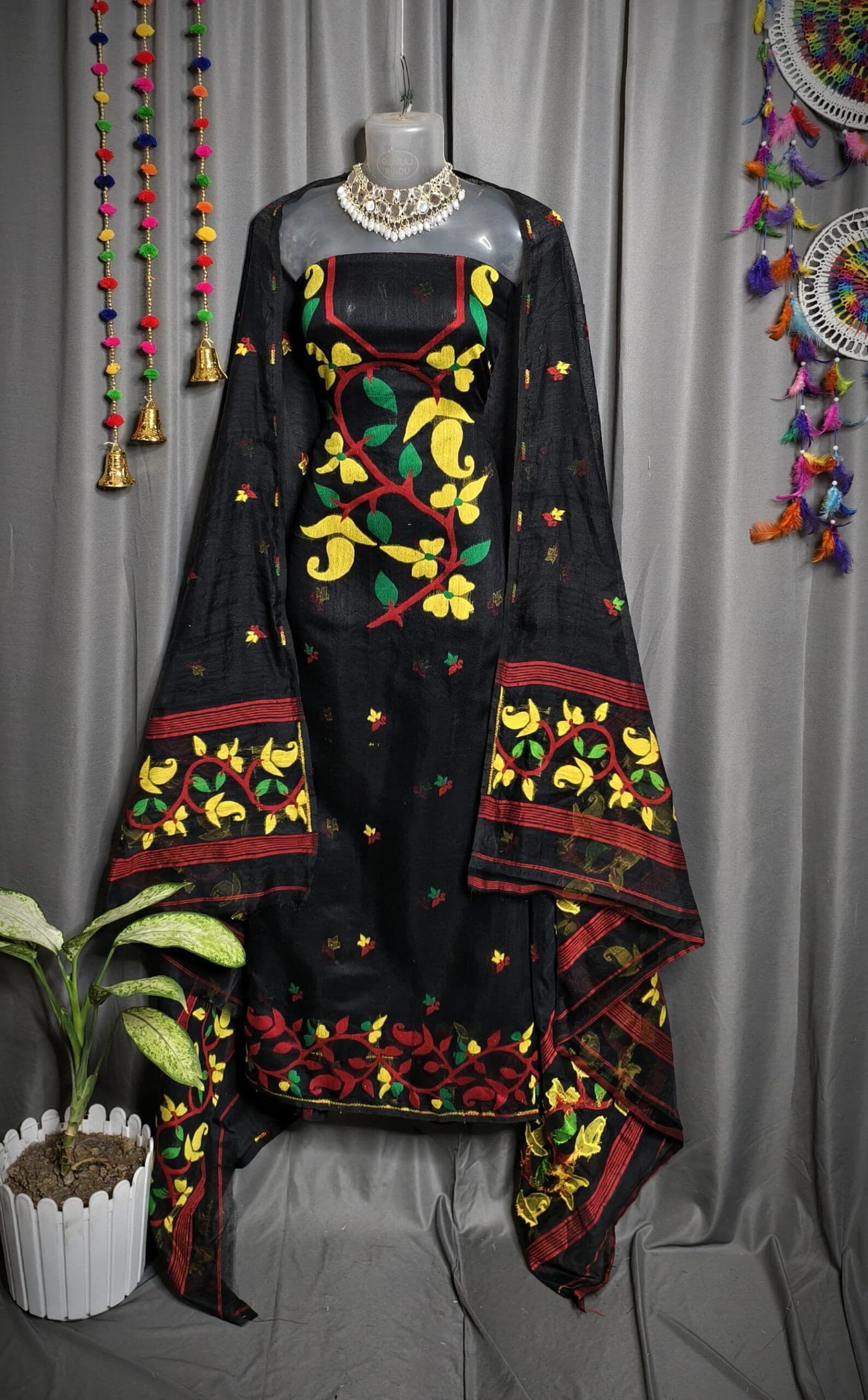 Lota Pata Black Muga Cotton Unstitched Jamdani Suit Set Lota Pata Black Muga Cotton Unstitched Jamdani Suit Set