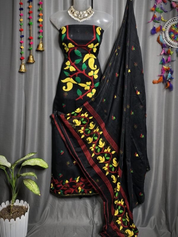 Lota Pata Black Muga Cotton Unstitched Jamdani Suit Set