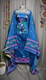 Lota Pata Bluish Muga Cotton Unstitched Jamdani Suit Set