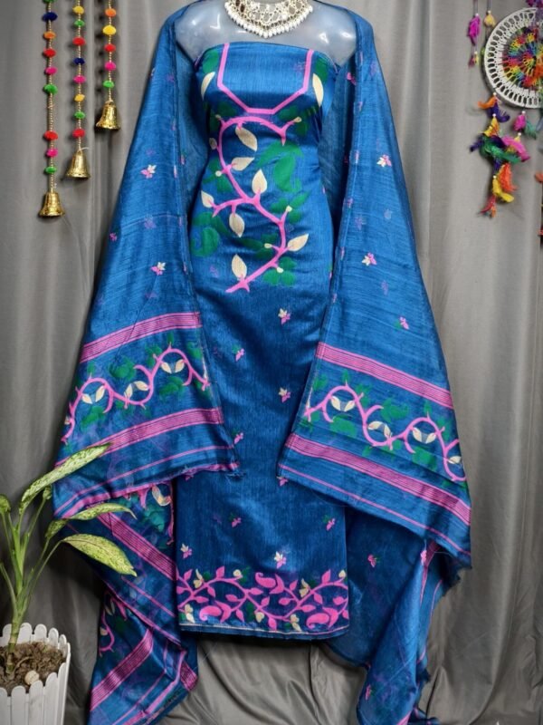 Lota Pata Bluish Muga Cotton Unstitched Jamdani Suit Set