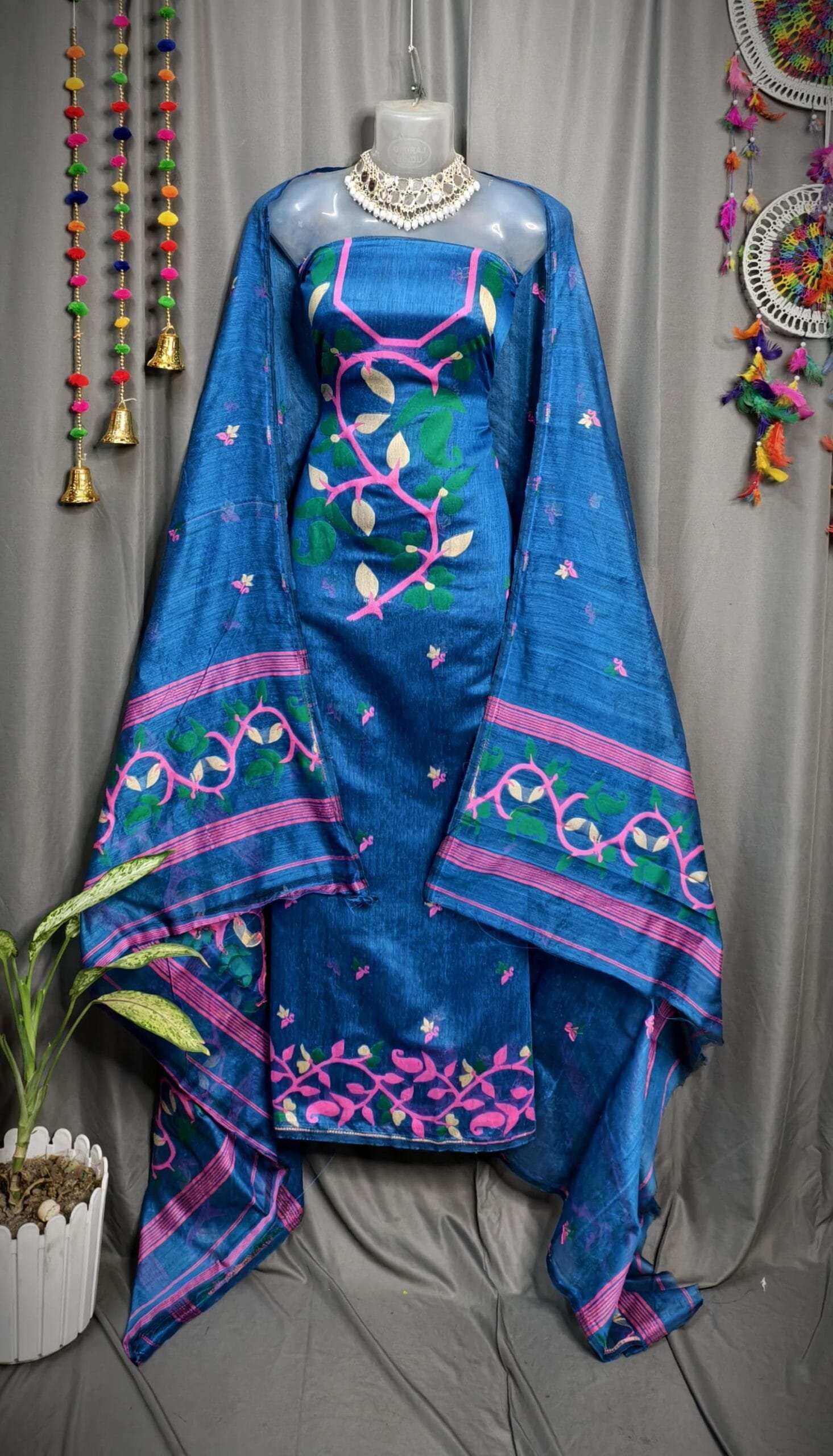Lota Pata Bluish Muga Cotton Unstitched Jamdani Suit Set Lota Pata Bluish Muga Cotton Unstitched Jamdani Suit Set