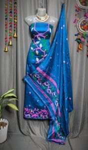 Lota Pata Bluish Muga Cotton Unstitched Jamdani Suit Set