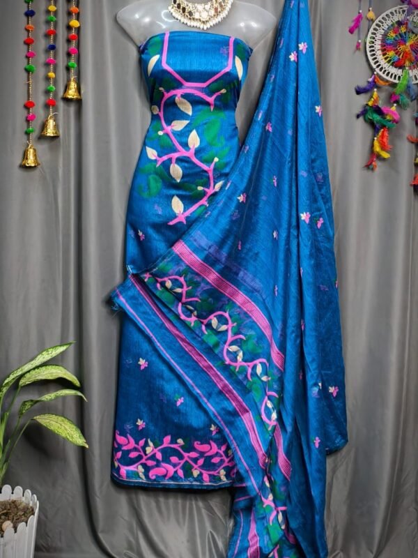 Lota Pata Bluish Muga Cotton Unstitched Jamdani Suit Set