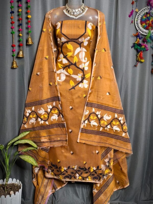 Lota Pata Bronze Muga Cotton Unstitched Jamdani Suit Set