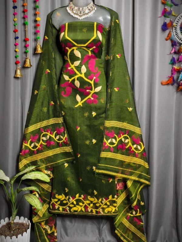 Lota Pata Camo Green Muga Cotton Unstitched Jamdani Suit Set
