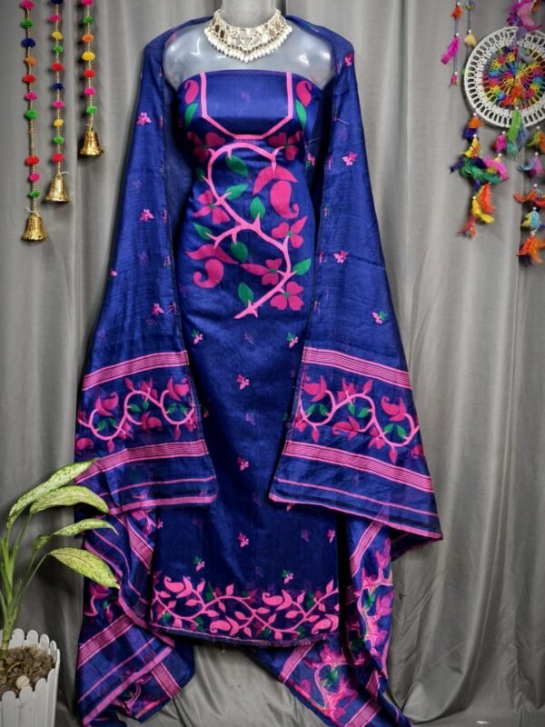 Lota Pata Dakr Blue Muga Cotton Unstitched Jamdani Suit Set