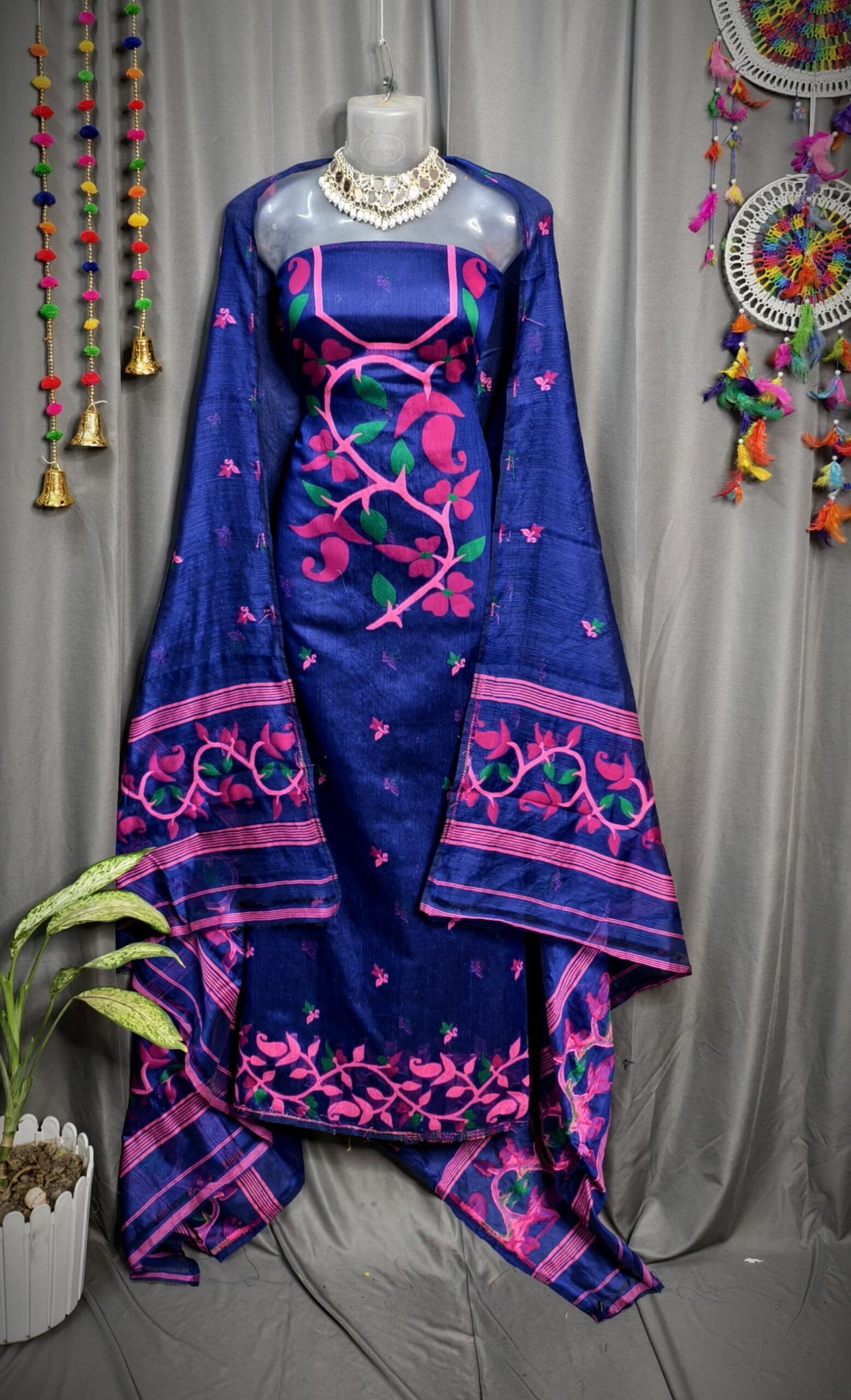 Lota Pata Dakr Blue Muga Cotton Unstitched Jamdani Suit Set Lota Pata Dakr Blue Muga Cotton Unstitched Jamdani Suit Set