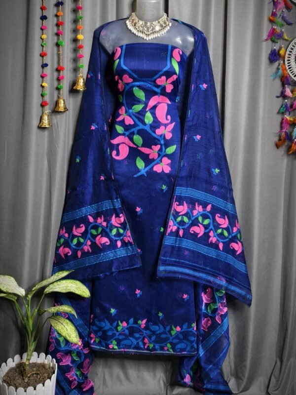 Lota Pata Dark Navy Blue Muga Cotton Unstitched Jamdani Suit Set