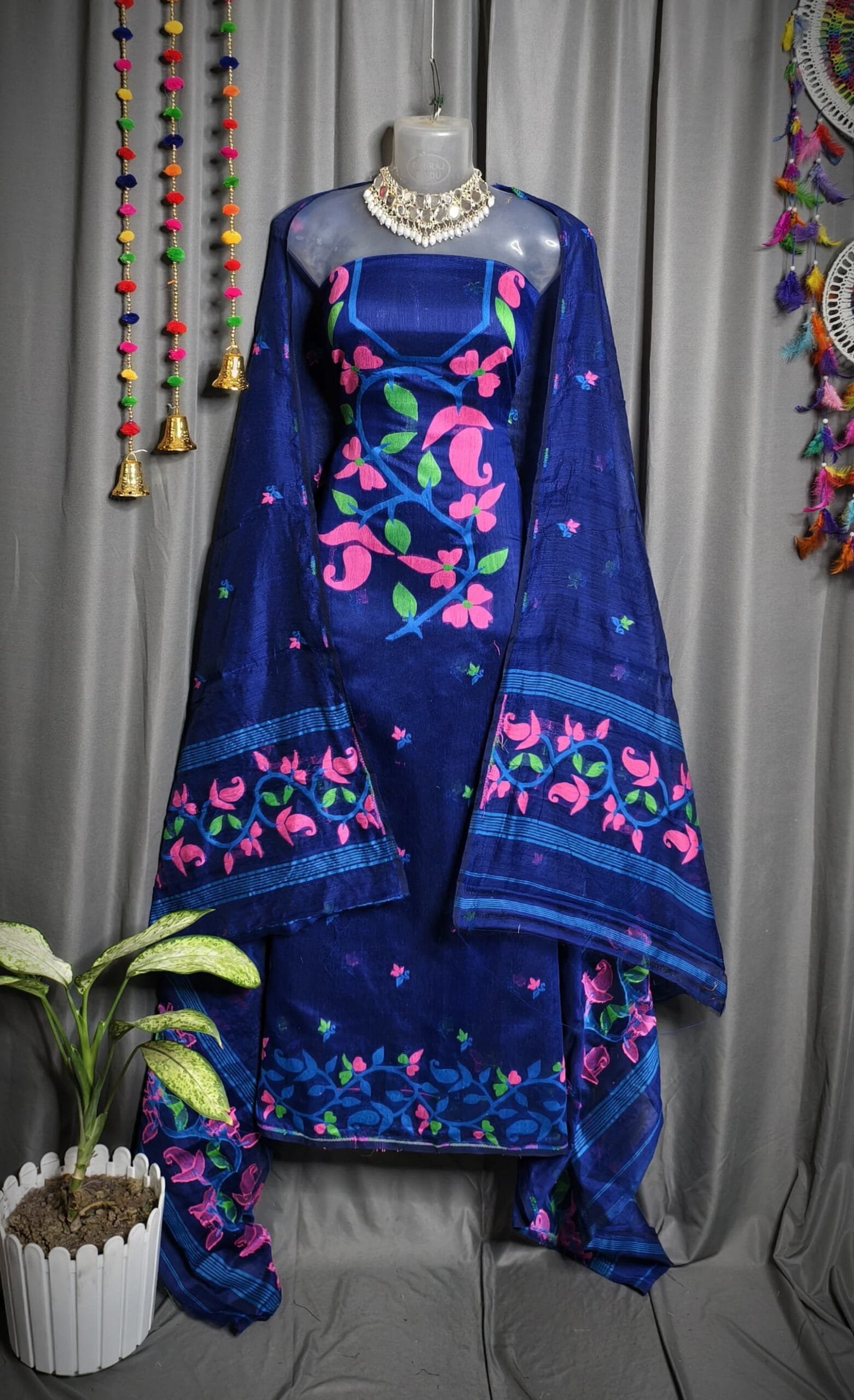 Lota Pata Dark Navy Blue Muga Cotton Unstitched Jamdani Suit Set Lota Pata Dark Navy Blue Muga Cotton Unstitched Jamdani Suit Set