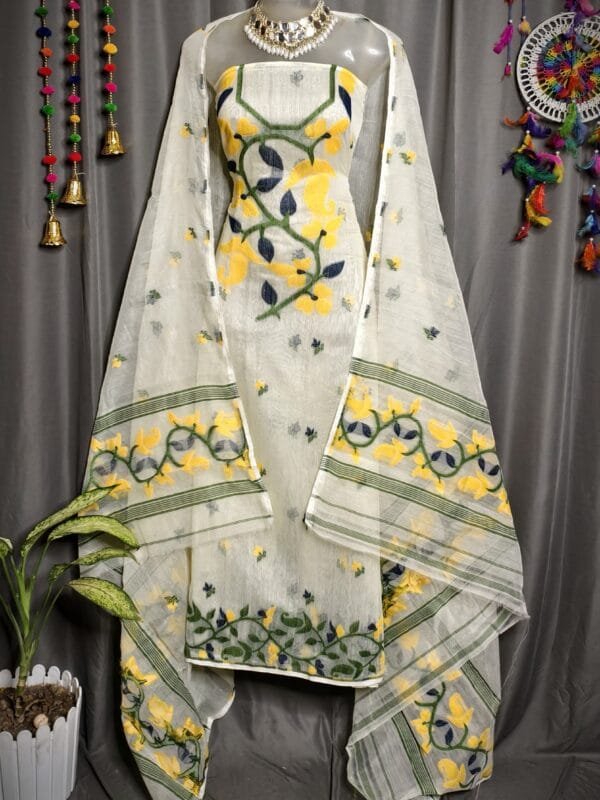 Lota Pata Foggy Grey Muga Cotton Unstitched Jamdani Suit Set