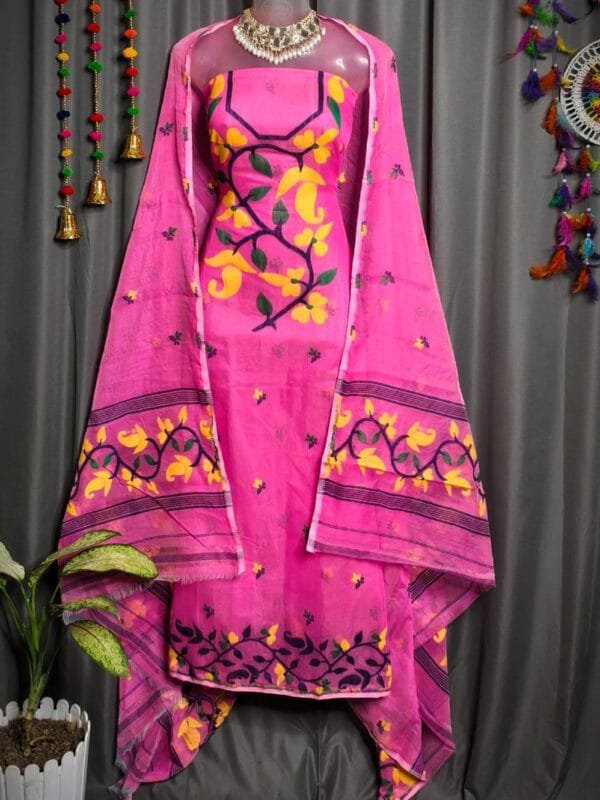 Lota Pata Hot Pink Muga Cotton Unstitched Jamdani Suit Set