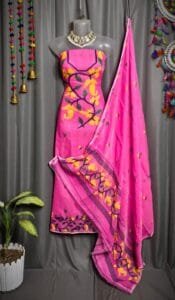 Lota Pata Hot Pink Muga Cotton Unstitched Jamdani Suit Set