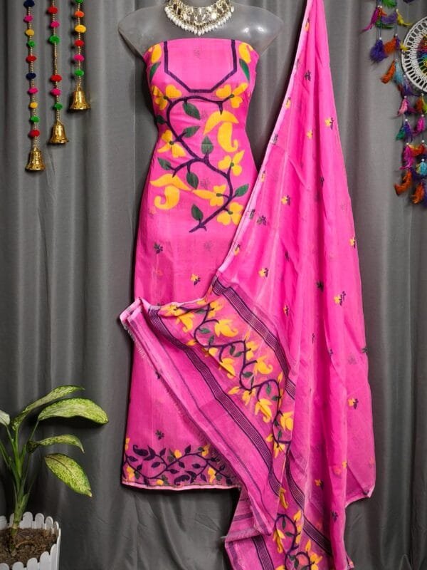 Lota Pata Hot Pink Muga Cotton Unstitched Jamdani Suit Set